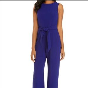 VINCE CAMUTO V-NECK TIE-WAIST WIDE LEG JUMPSUIT - COBALT BLUE SIZE 8